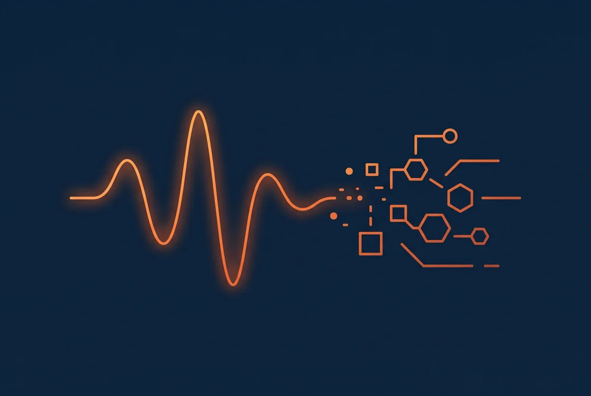 Abstract artwork of a sound waveform dissolving into structured data